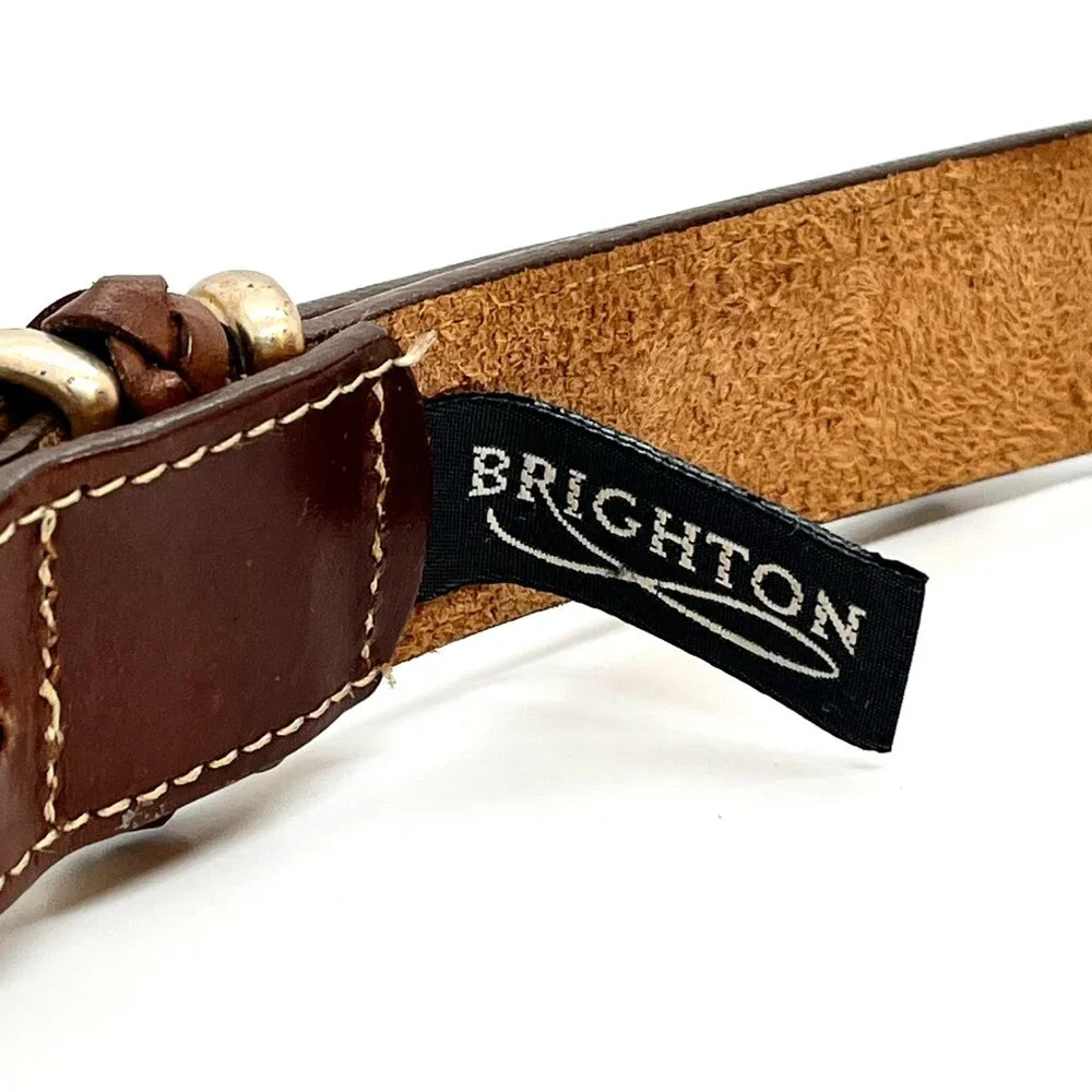 VINTAGE BRIGHTON Belt Brown Leather Silver Tone Buckle Braided Keeper SMALL